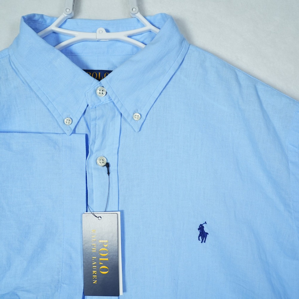 Polo Ralph Lauren Men Blue Linen Cotton Short Sleeve Button Down Shirt Large NEW
